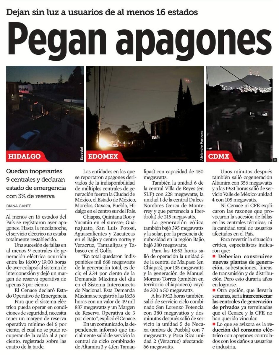 México a oscuras..

'No es que haya más apagones.. lo que pasa es no hay luz'

Aquí están las consecuencias de tener un gobierno populista, corrupto, mentiroso e incompetente.

¿ Y las plantas de Iberdrola ?

¿ O es Bartlett preparando la falla del sistema para las elecciones ?