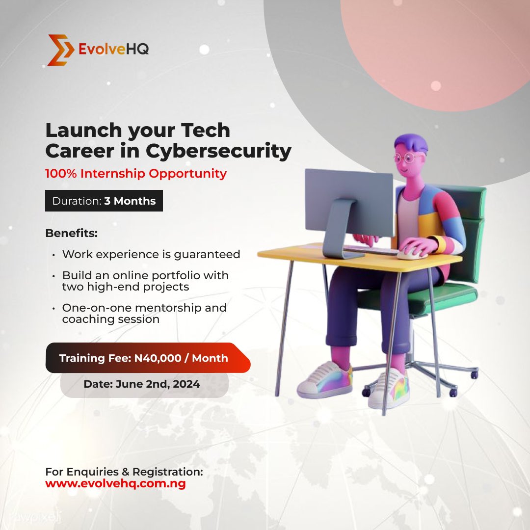 Opportunity to Upskill in Business Analysis and Cybersecurity with 100% Internship Placement Guaranteed! 

@evolve__hq is offering a 2 - 3 months tranining in Business Analysis and Cybersecurity with flexible payment plans to ease the financial burden, allow you to invest in you