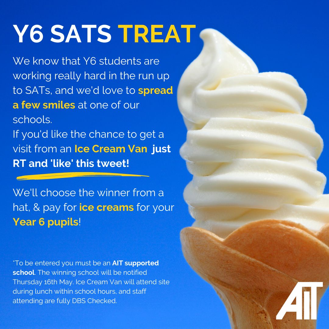 This was so popular last year...we've decided to make it an annual treat! If you'd like an ice cream van to visit your school to celebrate the end of SATs and treat your Y6 students, simply 'like' & 'RT' this tweet! Entries close Thursday 16th May 2024