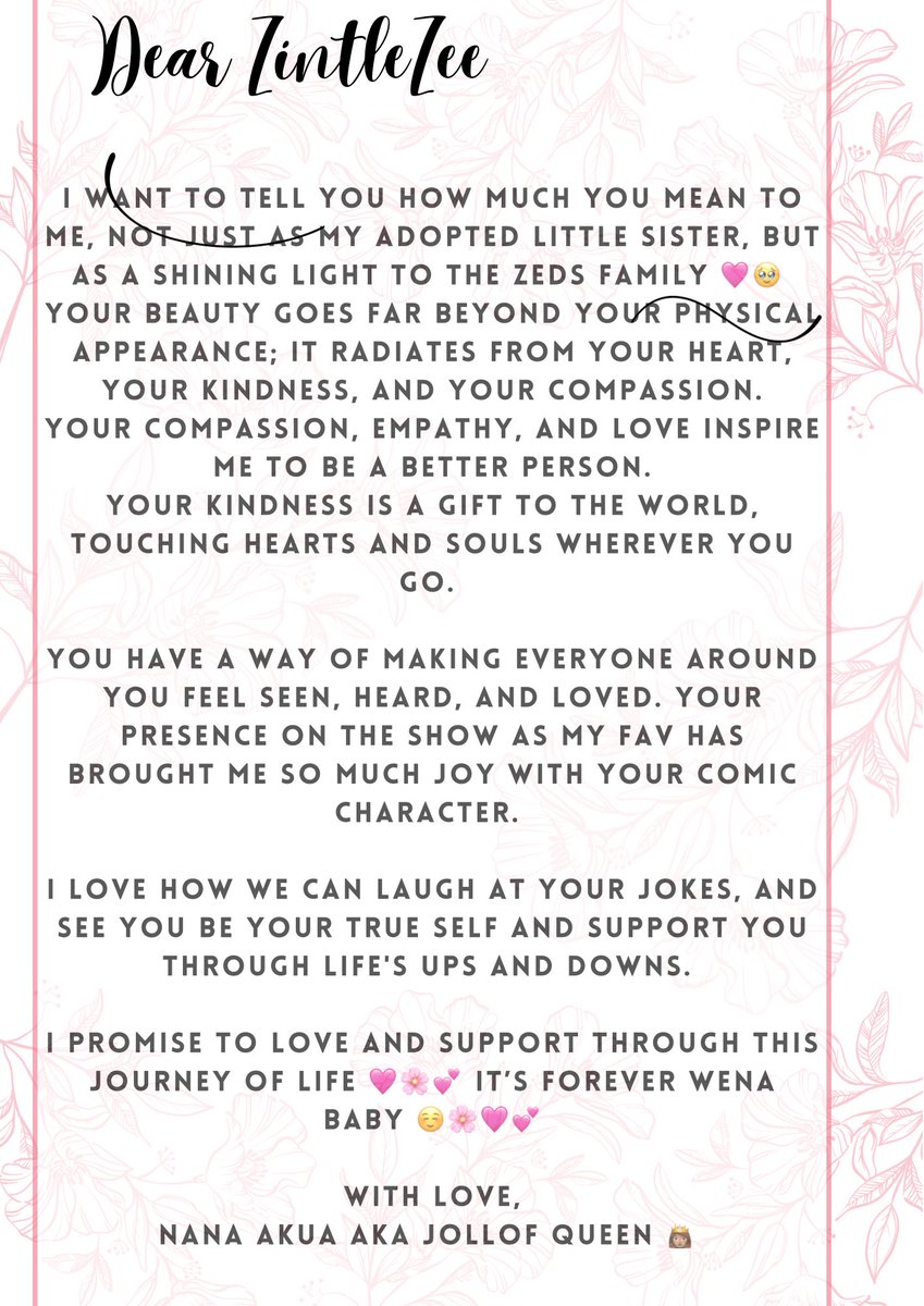 I finally put together my letter to Adopted little sister @MofokengZintle 🩷🌸💕
Not good enough but I tried ☺️🥹🤗

WCW ZINTLE MOFOKENG 
LOVE LETTER TO ZINTLEZEE 
#ZintleMofokeng 
#ZintleZeeMofokeng