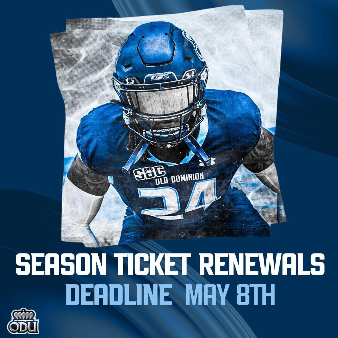 Today is the LAST day to renew your football season tickets! Secure your seats now! 🔗: tinyurl.com/2p5sy6jv #ODUSports | #ReignOn | #Monarchs