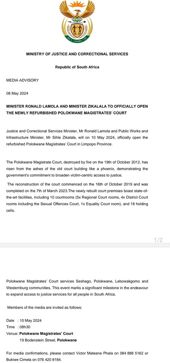 MINISTER RONALD LAMOLA AND MINISTER ZIKALALA TO OFFICIALLY OPEN THE NEWLY REFURBISHED POLOKWANE MAGISTRATES’ COURT Justice and Correctional Services Minister, Mr Ronald Lamola and Public Works and Infrastructure Minister, Mr Sihle Zikalala, will on 10 May 2024, officially open…