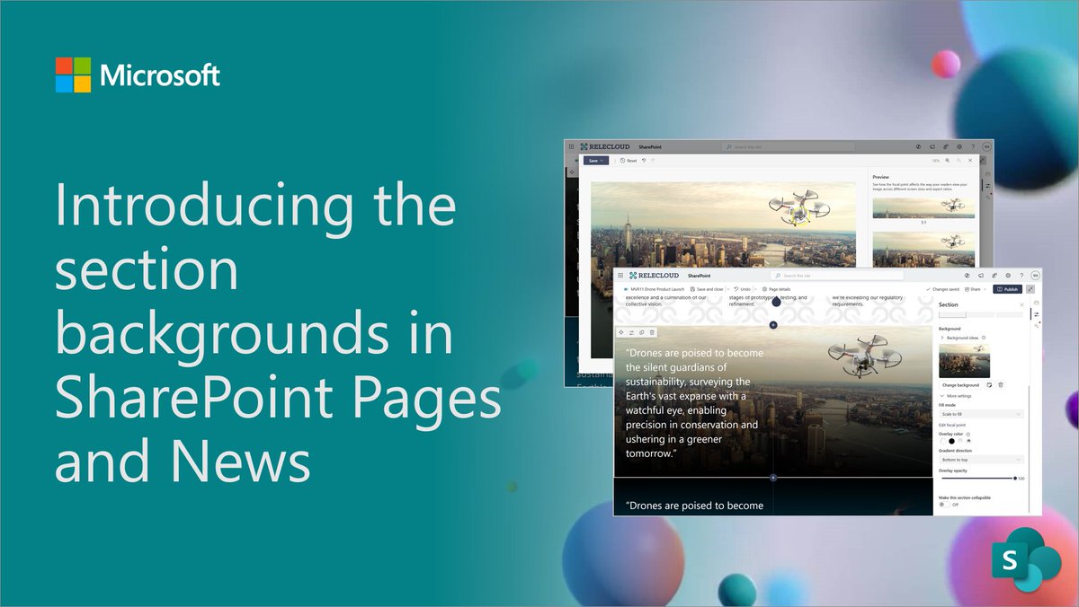 ✨ Introducing the section backgrounds in SharePoint Pages and News

• New settings to do more
• Fill mode, overlay color, overlay opacity and more
• Enhanced focal point support
• Custom backgrounds

📄 See more → msft.it/6015YVBtW

#Microsoft365 #SharePoint