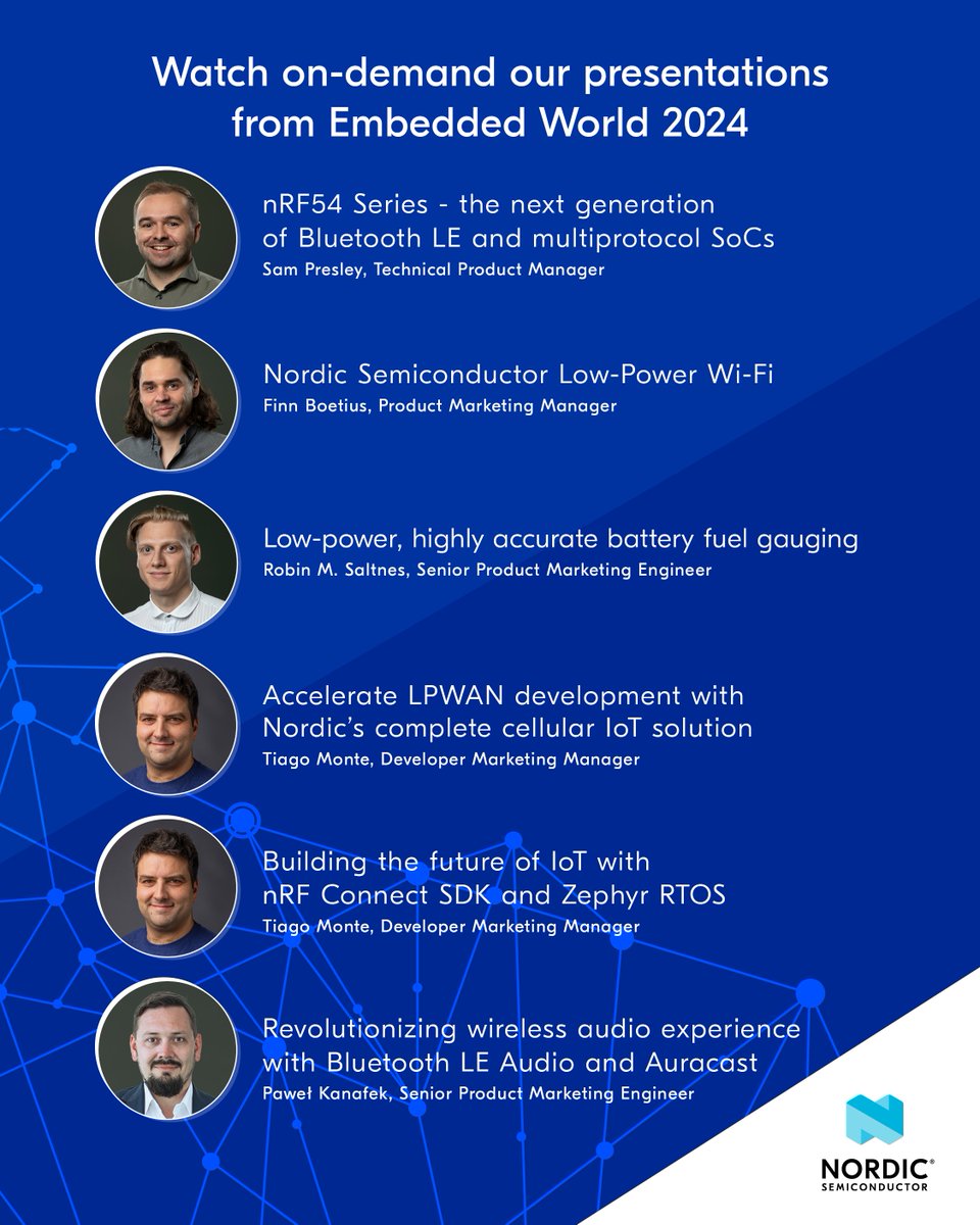 We gave six presentations during @embedded_world 2024. These are now available on-demand. Learn about, #nRF54 Series, #WiFi solutions, fuel gauging, our complete #cellularIoT solution, #nRFConnect SDK & #ZephyrRTOS, #LEAudio and #Auracast. 
Watch👉nordicsemi.com/Events/2024/Em…
#ew24