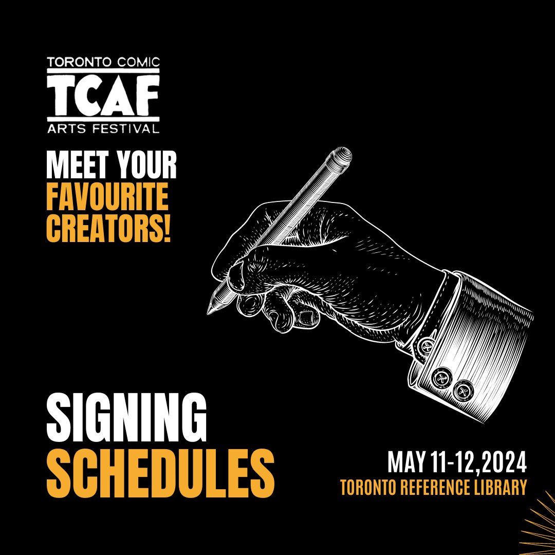 Meet your favourite comics creators and personalize your #TCAF2024 wares! We've released our artist signing schedules for this weekend: torontocomics.com/signing-schedu…