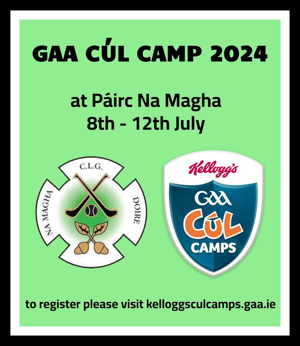 2 months today until Cúl Camp returns to Páirc Na Magha 💚🖤 Cúl Camps provide children aged 6-13 with a fun, action-packed week which revolves around maximising enjoyment and involvement in Gaelic Games. Register below ⬇️ kelloggsculcamps.gaa.ie/booking/?count…