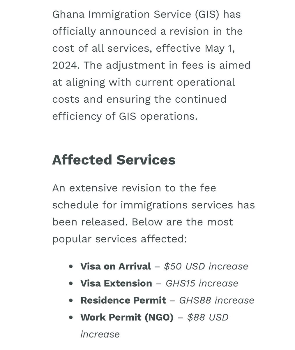 Ghana Immigration Service (GIS) has officially announced a revision in the cost of all services, effective May 1, 2024.