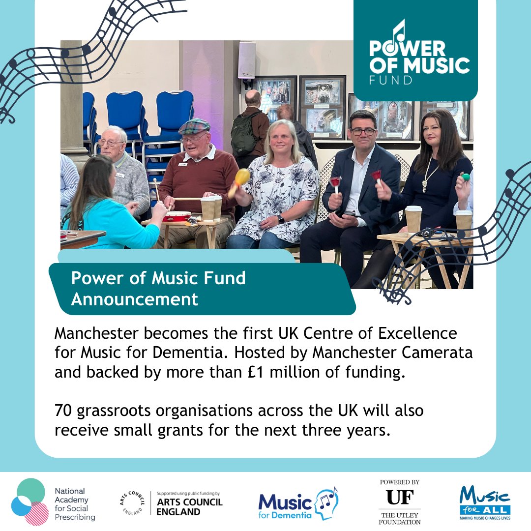 We are delighted to announce Greater Manchester as the UK’s first Centre of Excellence for Music and Dementia, hosted by @MancCamerata and supported by #PowerOfMusicFund @Ace_National, @UtleyFoundation, @AndyBurnhamGM, @NHS_GM