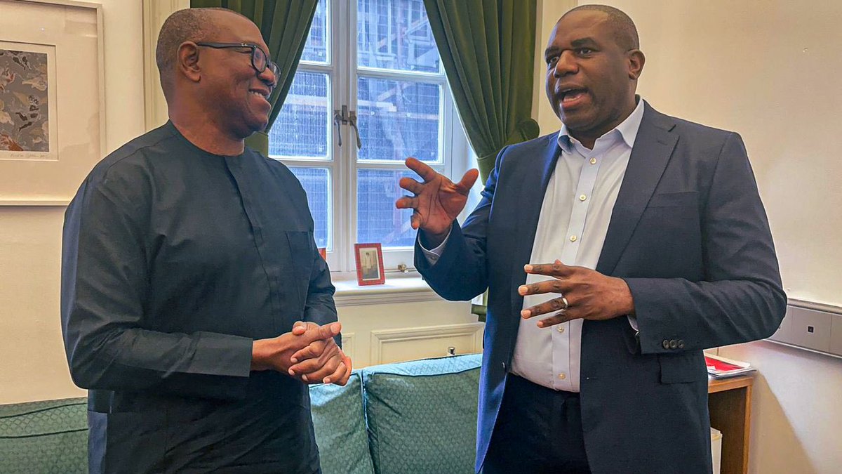 H.E. @PeterObi had a private meeting with the UK Labour Party MP and Shadow Foreign Secretary, @DavidLammy, in the House of Commons.

They had robust discussions around shared interests, especially in insecurity, education, and poverty alleviation.