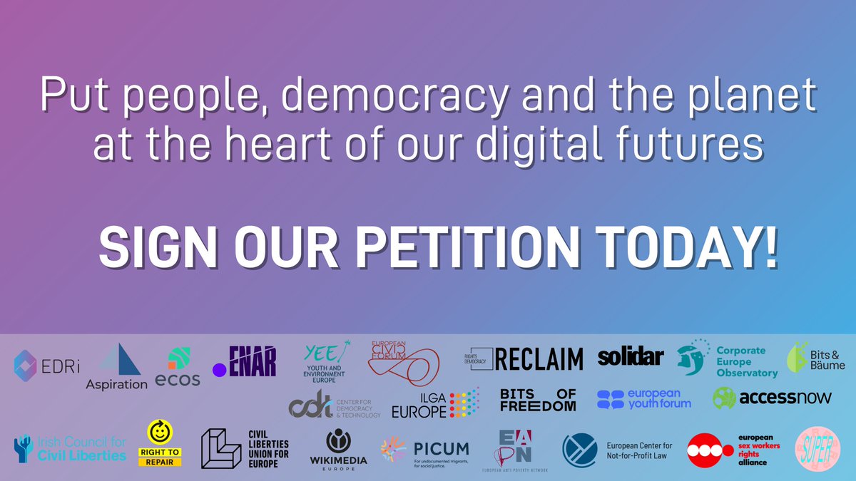 1/2 🏗️Join us and our partners in building digital futures that centre people, democracy, and the planet! ✊🏾 Sign our petition today and we'll take our collective vision to EU lawmakers ⤵️ crm.edri.org/vision-for-dig…