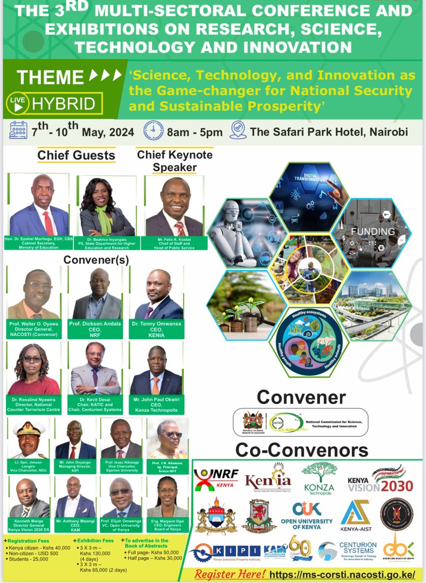 @nrfkenya is a Co-convener of the 3rd Multi-sectoral Conference on Research, Science, Technology and Innovation, organized by @nacosti . Join us as we share ideas on how STI and #research should align with our development needs.