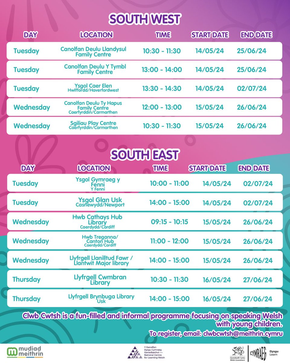 Clwb Cwtsh (@clwbcwtsh) on Twitter photo 🏴Want to learn Welsh?🏴
Check out our new Clwb Cwtsh sessions starting next week! Join us face to face or at home with your little ones🧸
Get yourself registered today by sending us an email:
💌clwbcwtsh@meithrin.cymru
Ewch amdani / Go for it! 🏴Want to learn Welsh?🏴
Check out our new Clwb Cwtsh sessions starting next week! Join us face to face or at home with your little ones🧸
Get yourself registered today by sending us an email:
💌clwbcwtsh@meithrin.cymru
Ewch amdani / Go for it!
