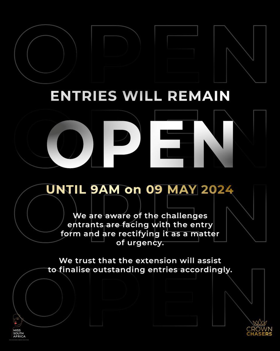 IMPORTANT UPDATE 📣

#MissSA2024 entry deadline extended! 

You now have until TOMORROW 9 AM (SAST) to submit your entry. 📝

We’re working diligently to address the issues you’re facing concerning the entry form. 

#misssa2024 #faceyourpower #embraceyourfuture