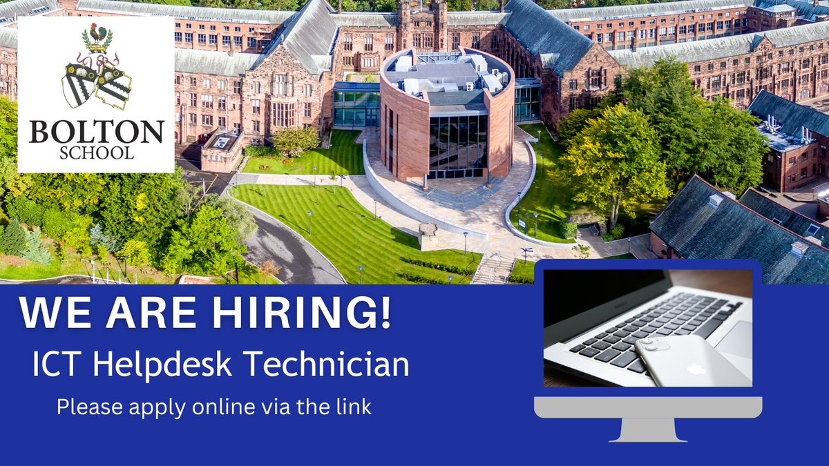 We are hiring! We are currently looking for an ICT Helpdesk Technician to work in the ICT Department on a permanent basis.

Please click here to apply: bit.ly/44zWhPE

#hiring #boltonjobs #recruitment #ICT #firstlinesupport #informationtechnology