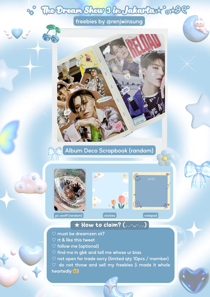 𐙚 ‧₊˚ ⋅ freebies TDS 3 Jakarta ⋆ ˚｡⋆୨୧˚
ִ ࣪by @renjwinsung 
💭 rts and like are appreciated ִ ࣪𖤐

🗓️ 18.05.2024
🎪 GBK Stadium
⏰ tba

🎟️✿ further information on pict 🌷💫#THEDREAMSHOW3INJKT 
#NCTDREAM_THEDREAMSHOW3_JAKARTA #TDS3INJAKARTA