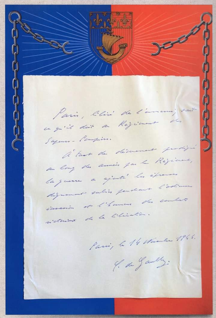 Le 14 novembre 1944, par lettre manuscrite, le général de Gaulle saluait le dévouement et le sacrifice des sapeurs-pompiers de Paris lors de la 2nd guerre mondiale.📜 N'oublions jamais ceux qui sont tombés pour la France 🇫🇷 #8Mai #EnLeurSouvenir #WWII