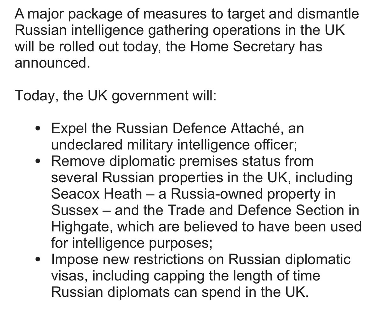 BREAKING: The UK is expelling Russia’s defence attaché - “an undeclared military intelligence officer” as part of a package of measures to “target and dismantle Russian intelligence gathering operations in the UK”, the Home Secretary has announced. Other measures include ⬇️