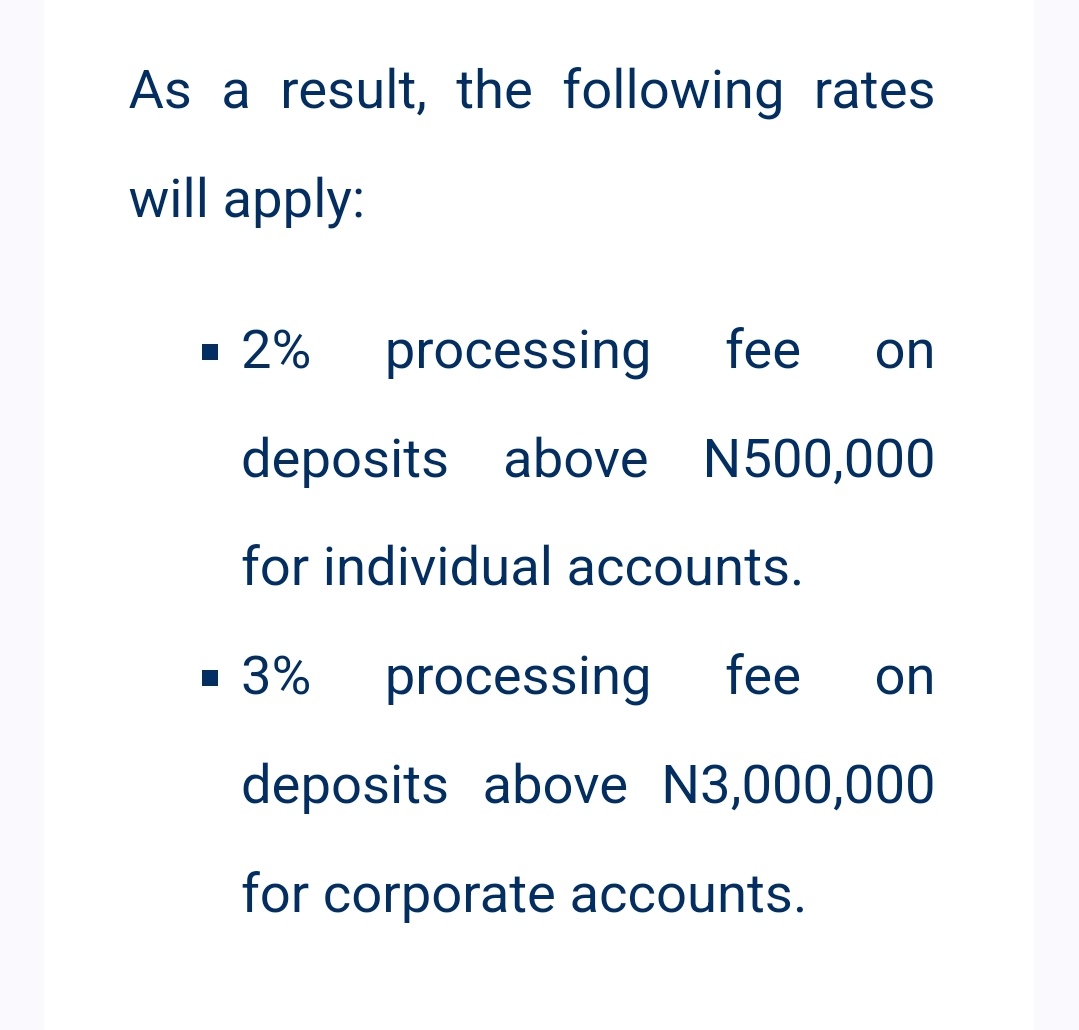 Aside from all the charges and deductions carried out by banks / CBN, we still have another 2% processing fees on cash deposit of above 500k for individuals and 5% processing fees on deposit above 3M for corporate accounts. What are they processing, and why all these charges??