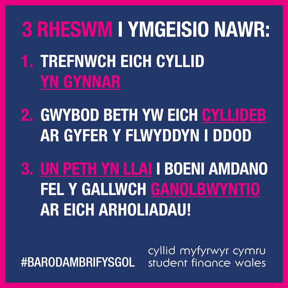 Os gwnewch gais nawr, gallwch ddechrau gweld y buddion!

Byddwch yn #BarodAmBrifysgol a threfnwch eich cyllid fel y gallwch gyllidebu cyn i chi fynd i'r brifysgol!

Darganfyddwch sut i ymgeisio: cyllidmyfyrwyrcymru.co.uk/darganfod-cyll…