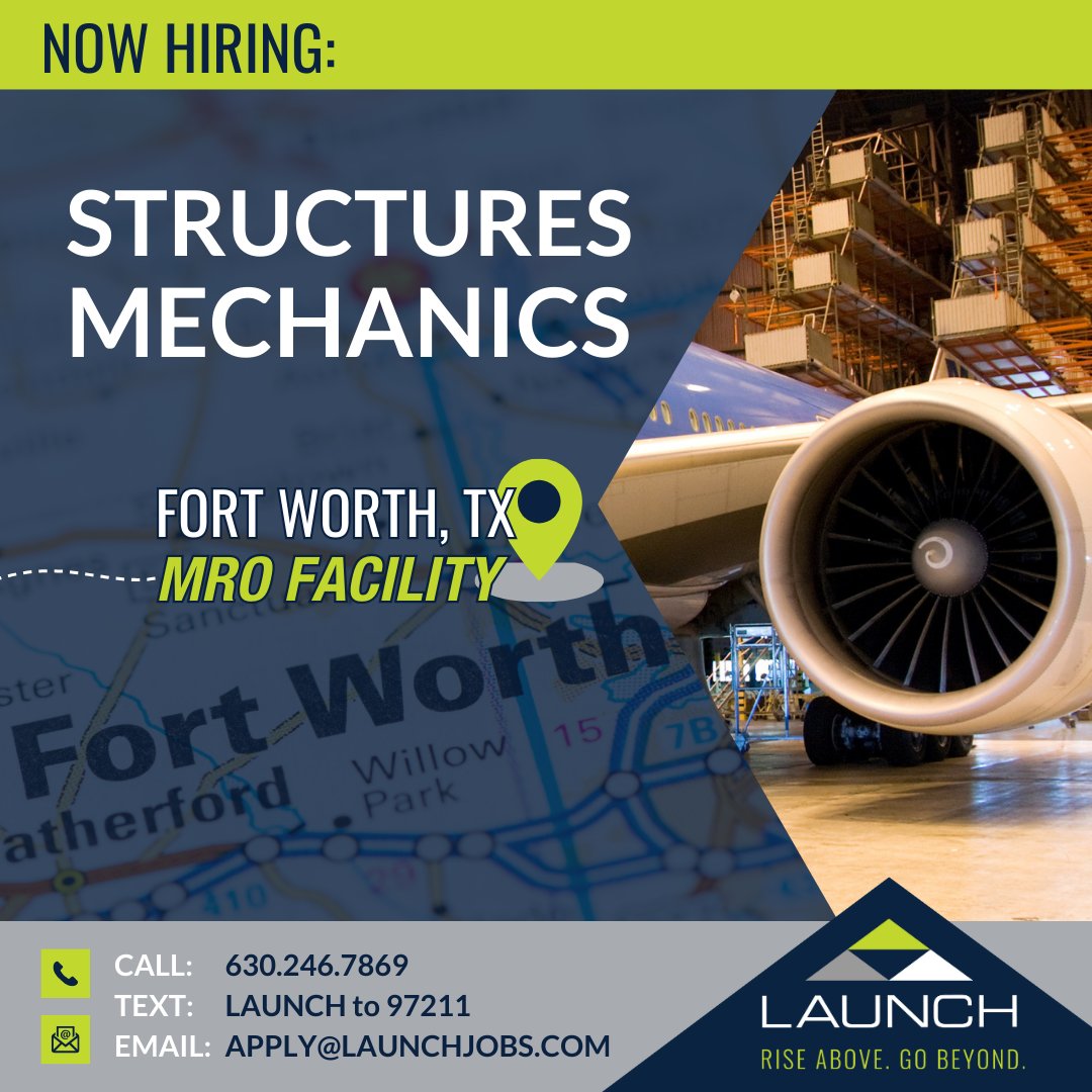 APPLY FROM OUR WEBSITE:
launchtws.com/jobs/?category…

#GoWithLAUNCH #weleadwepartnerwecare #aviation #structures #sheetmetal #aerospace #avionics #install #troubleshoot #interior #maintenance #repair #overhaul #airframeandpowerplant #aircraft #commercialaircraft #fuselage