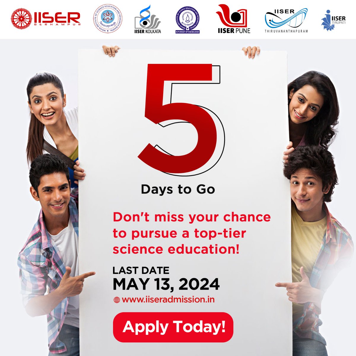 5 days to go! The last date to apply for IISER Aptitude Test is May 13, 2024. If you are interested in scientific inquiry, innovation, research and discovery, visit iiseradmission.in for more information! #IISERs #AdmissionsOpen #IAT2024 #ScienceEducation #BSMS