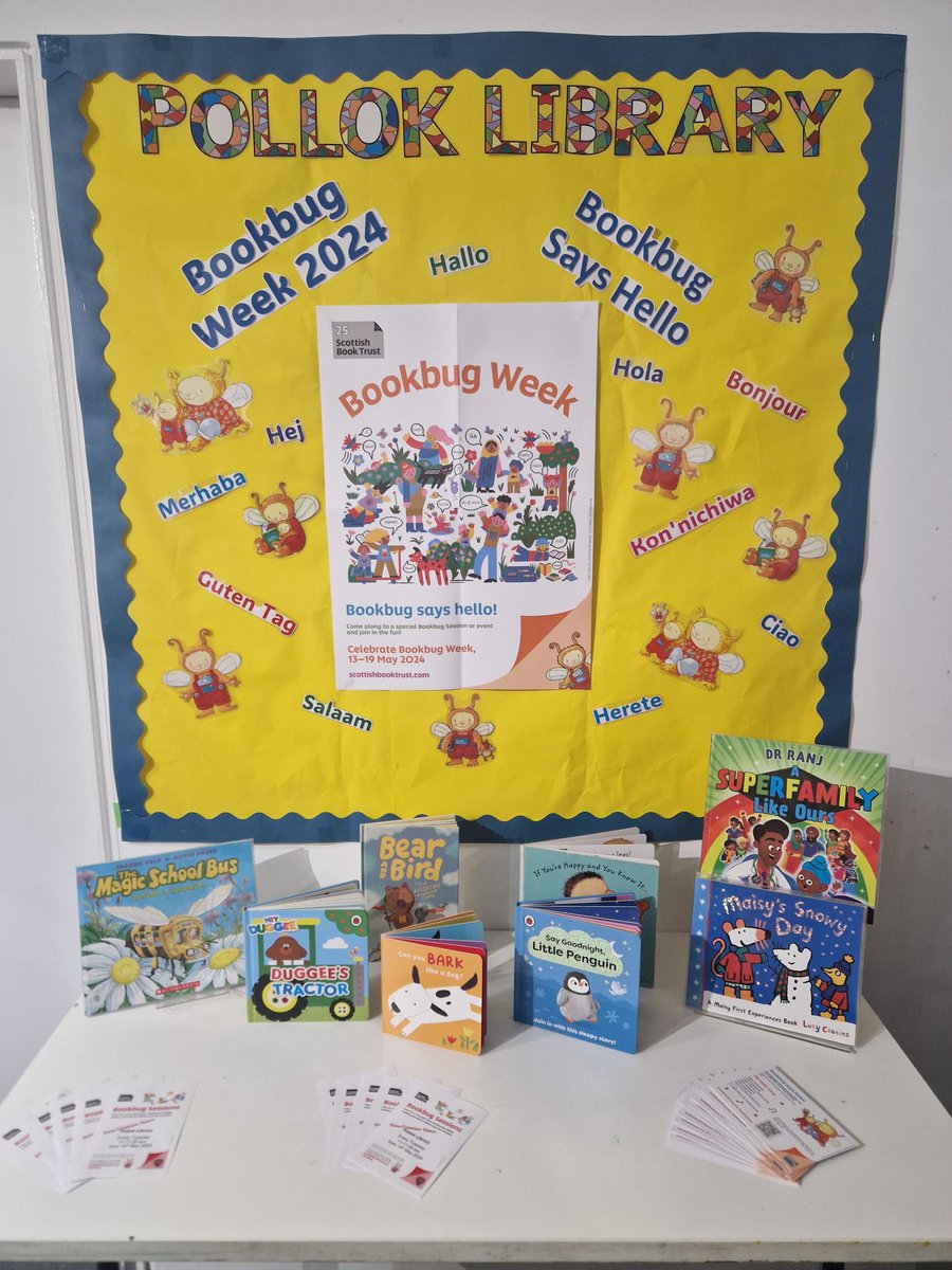 Pollok Library is getting ready for #BookbugWeek with this fun display based on this years theme, Bookbug says hello! Come along to the Bookbug session at Pollok Library every Tuesday 11am-11.30am, starting 14 May. See all Bookbug sessions here glasgowlife.org.uk/event/20/bookb…