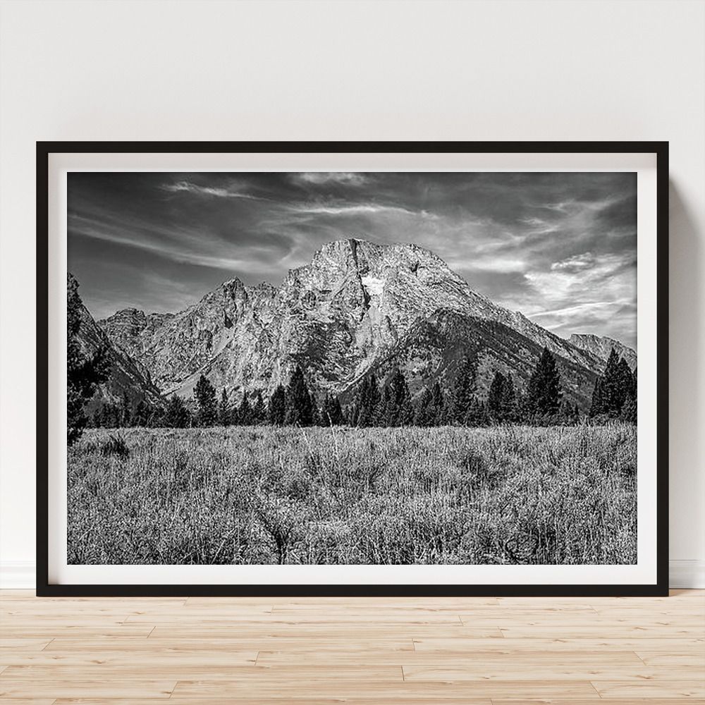 #MountMoran #Landscape #BlackandWhite Framed Print #GrandTetons #Wyoming #mountains #photography #prints for your #home or #office #decor #FillThatEmptyWall #BuyIntoArt View all print options here ---> buff.ly/3YhUha4