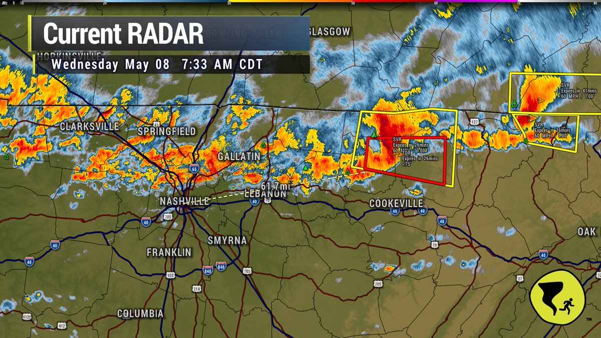 NashSevereWx's tweet photo. First tornado warning of the day in Middle Tennessee is about 60 miles E of us moving away. Stay connected. We'll be here all day. https://t.co/35fA72G3yB