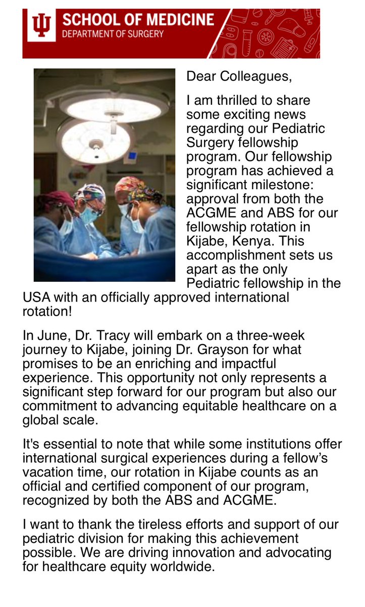 Big news for our Pediatric Surgery fellowship! We now have an international rotation at @KijabeHospital with @britneygrayson certified by the #ACGME and #ABS! Our senior fellow will take advantage of this great opportunity this June.