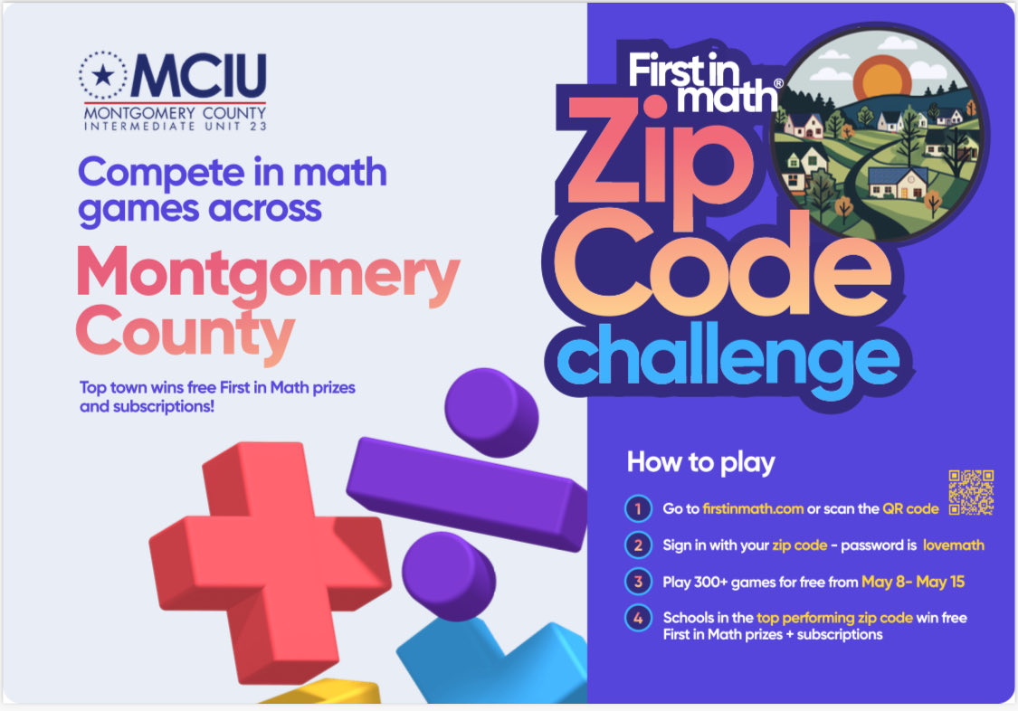 The Montgomery County IU Zip Code Challenge starts today! Runs from May 8th to 15th. Login is simple: firstinmath.com User ID: a MC zip code. PW: lovemath All schools (K-8) in winning zip code win @firstinmath prizes. ⁦@MCIU⁩ ⁦@MontcoPA⁩ ⁦@PADeptofEd⁩