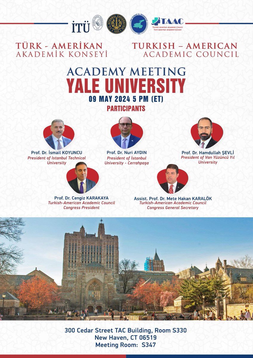 Türk-Amerikan Akademik Konseyi öncülüğünde düzenlenen Akademi Toplantıları'nın bir diğeri için yarın @Yale Üniversitesi'nde değerli hocalarımızla bir araya geleceğiz. 🇺🇸🇹🇷🐝 Disiplinlerarası işbirliği ve bilgi paylaşımı için oldukça faydalı olacak bu toplantıların yeni ufuklar…