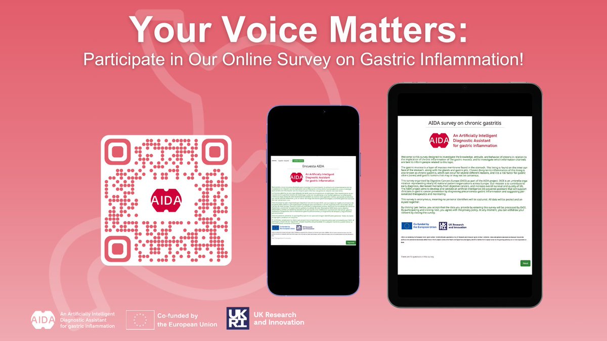 🚨 We are working on an AI tool to detect cancerous lesions early, but first, we need your views! Take part in the @AIDAeuproject's survey to contribute to the understanding of chronic inflammation in the gastric mucosa. 📲The survey is anonymous, meaning no personal…