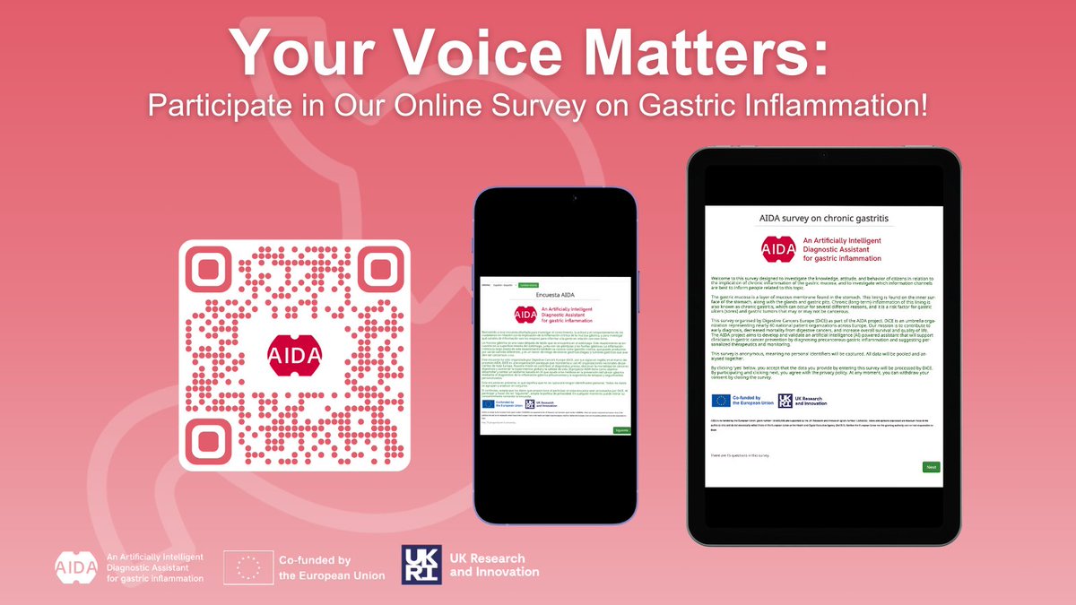 Digestive Cancers Europe (@dice_europe) on Twitter photo 🚨 We are working on an AI tool to detect cancerous lesions early, but first, we need your views!
Take part in the <a href="/AIDAeuproject/">AIDA EU project</a>'s survey to contribute to the understanding of chronic inflammation in the gastric mucosa.
📲The survey is anonymous, meaning no personal 🚨 We are working on an AI tool to detect cancerous lesions early, but first, we need your views!
Take part in the <a href="/AIDAeuproject/">AIDA EU project</a>'s survey to contribute to the understanding of chronic inflammation in the gastric mucosa.
📲The survey is anonymous, meaning no personal