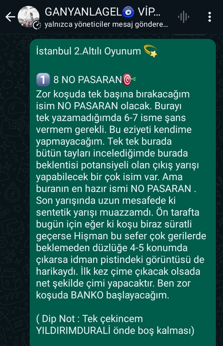 NO PASARAN in 4 boy start yapmasına mi yanarsın ,
Hisman startda kalmış ata 800 metre sprint denemesine mi yanarsın.
Yoksa en korktuğum at YILDIRIM DURALİNİN 15 ganyana kazanmasina mi.
Tövbe ya .