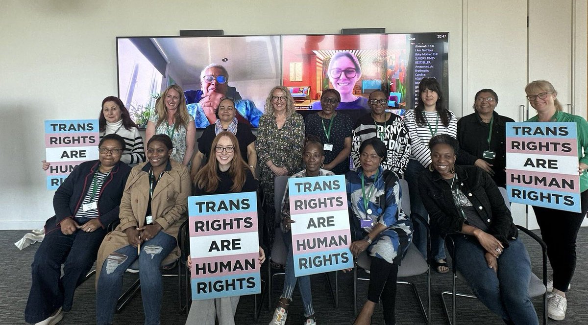 Womens officers from UNISON Greater London region standing in solidarity with Trans women 💖💙 special thanks to @Black63Jenny for delivering a session yesterday on the attack on Trans rights and why being Trans ally’s is essential!