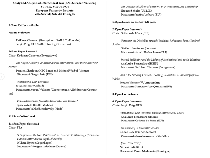 SAILS: Study & Analysis of Int'l Law Scholarship (@sails_intl_law) on Twitter photo We're so lucky that @quintana_fj is already in the SAILS family serving as discussant at next week's <a href="/EUI_EU/">European University Institute</a> workshop - the second in the SAILS series. Draft program below!
<a href="/VidigalGeraldo/">Geraldo Vidigal</a> - still time to come to Florence ☀️
Then your joint article will naturally follow! ✍️ We're so lucky that @quintana_fj is already in the SAILS family serving as discussant at next week's <a href="/EUI_EU/">European University Institute</a> workshop - the second in the SAILS series. Draft program below!
<a href="/VidigalGeraldo/">Geraldo Vidigal</a> - still time to come to Florence ☀️
Then your joint article will naturally follow! ✍️