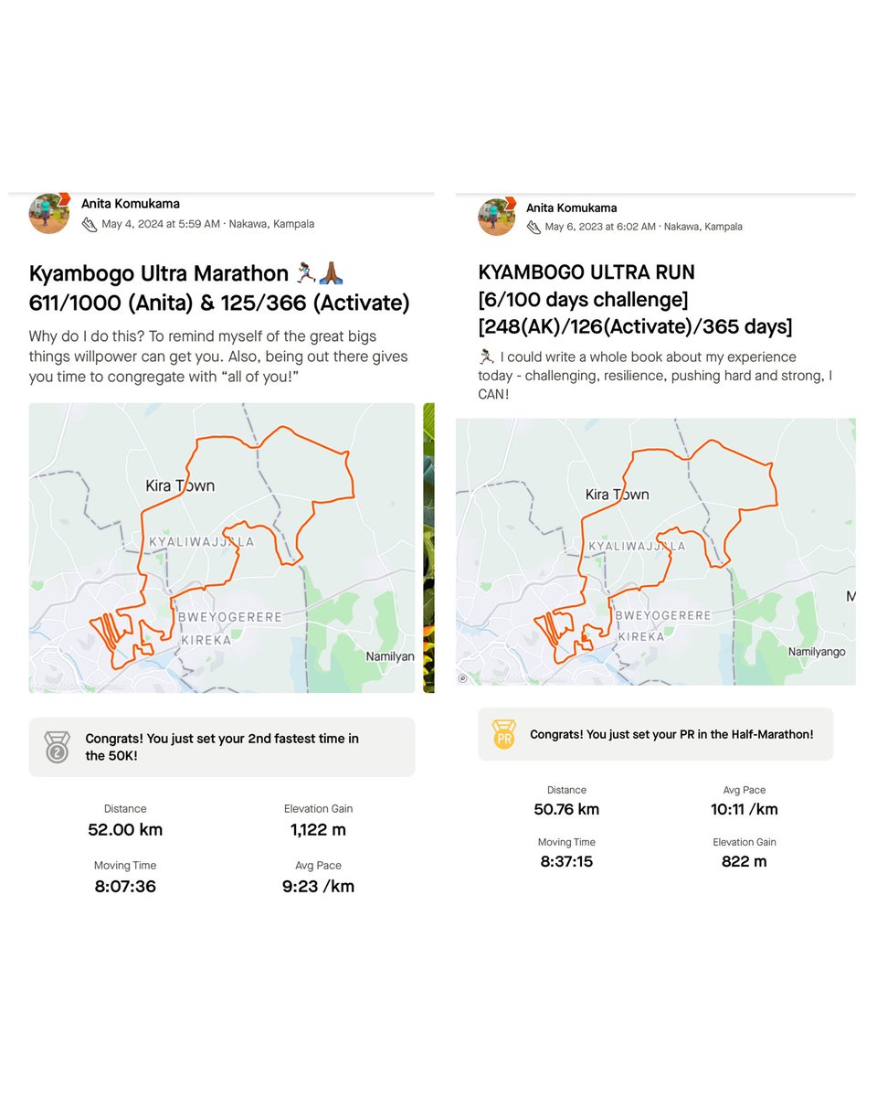 Don’t you ever give up the pursuit. Eventually, it all adds up. There’ll be voices, there’ll be detours, there’ll be deterrence including yourself; but it will add up eventually! I promise it will 🙏🏾 because I can attest to this. AK’s @KyambogoRun stats one year apart