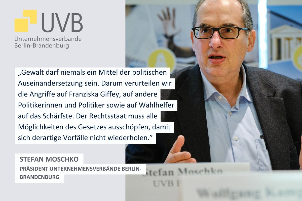 Die Wirtschaft in Berlin und Brandenburg verurteilt gewalttätige Angriffe auf Politikerinnen und Politiker auf das Schärfste und fordert, bei einer fairen und sachlichen Debattenkultur zu bleiben. Erklärung von UVB-Präsident Stefan Moschko:
👉 bit.ly/3UQvzis