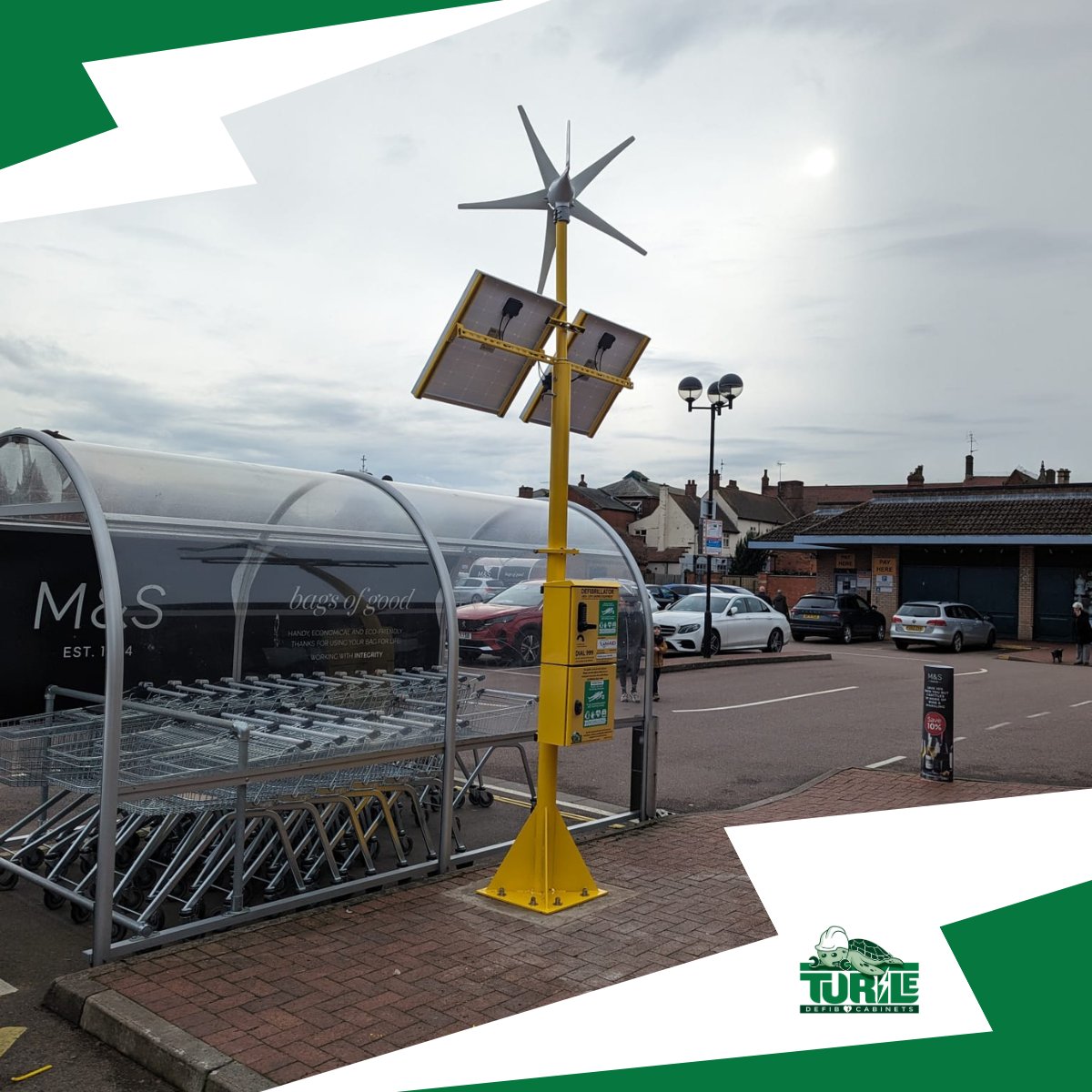 This isn’t just any #wind & #solar defib cabinet, this is an M&S wind & solar #defibcabinet 😃 💨🌞Our sustainable unit is perfect for a #golfcourse or #school #sportspitch …or a public car park like at @marksandspencer #Bourne #Lincolnshire. #PublicDefib #AED #ESG