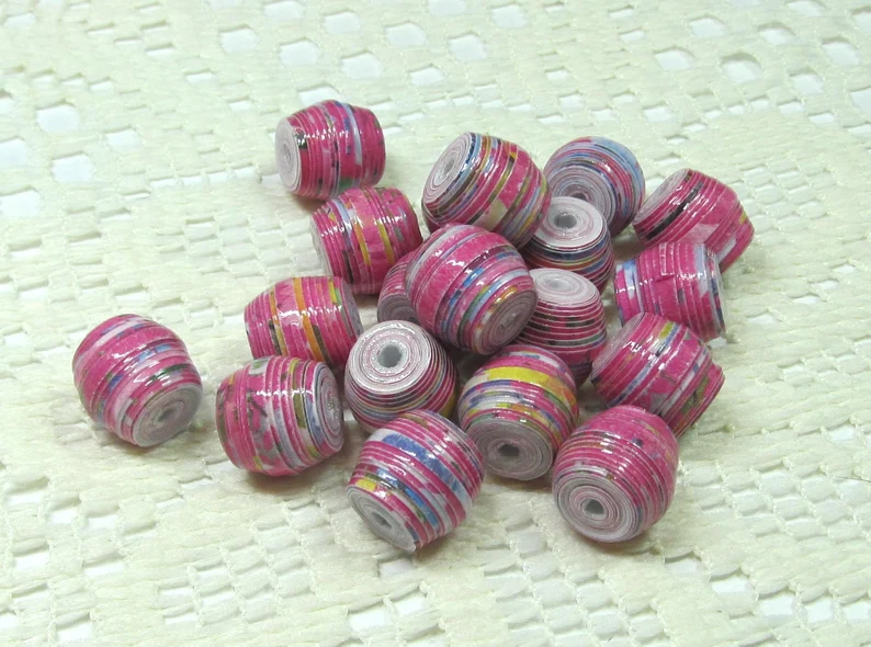 Paper Beads, Loose Handmade, Jewelry Making Supplies, Shorty Barrels, Multi Colored Stripes on Hot Pink etsy.me/4bvgBnI via @Etsy #barrelbeads #paperbeads #jewelrymakingbeads #craftingbeads