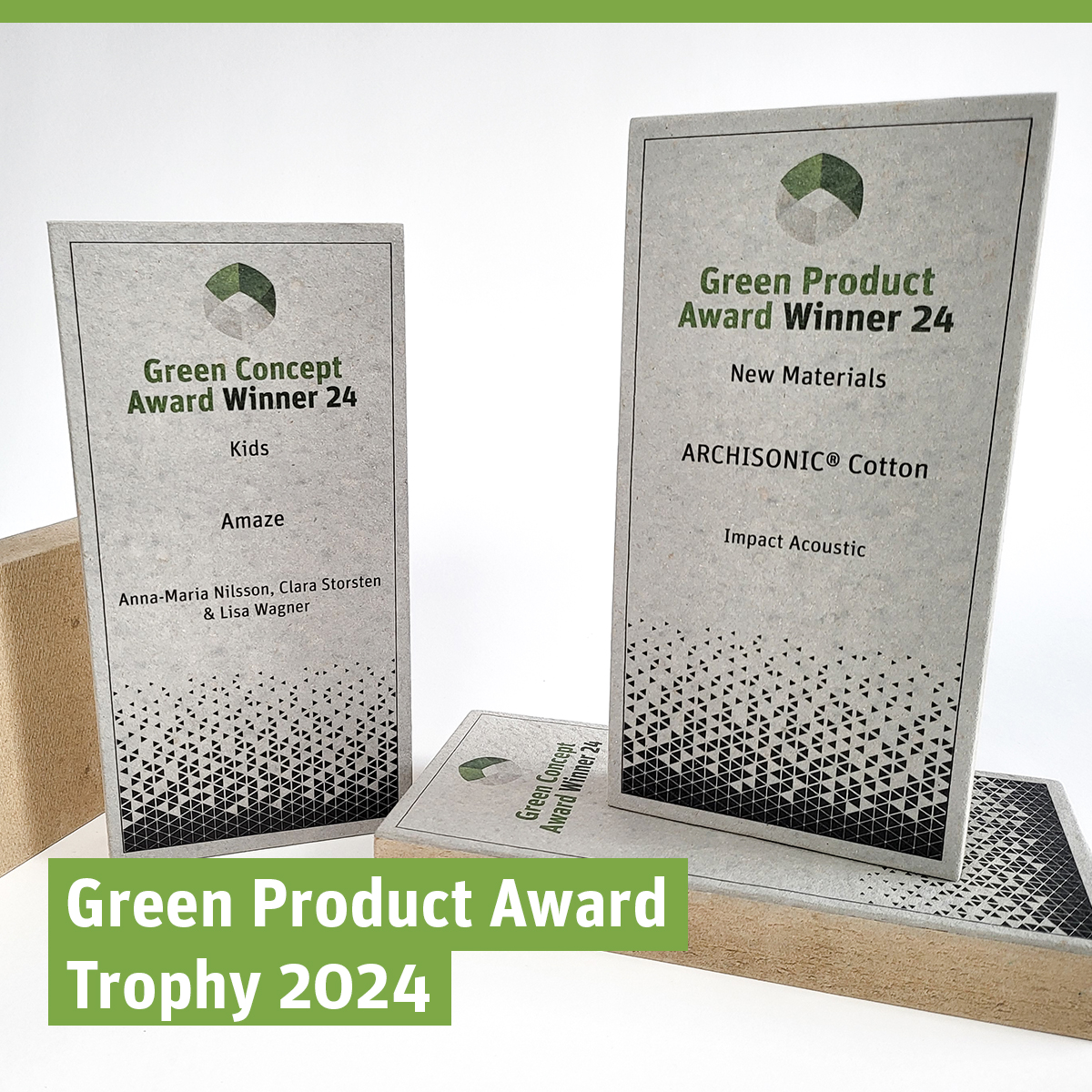 Presenting the trophy of the Green Product Award 2024! This year's trophy is made from paperpaste in collaboration with Paperpaste Living the 2023 winner from Denmark with a joint effort of Spanish Honext, Pasqual Arnella and Retail Monkeys from the Czech Republic.