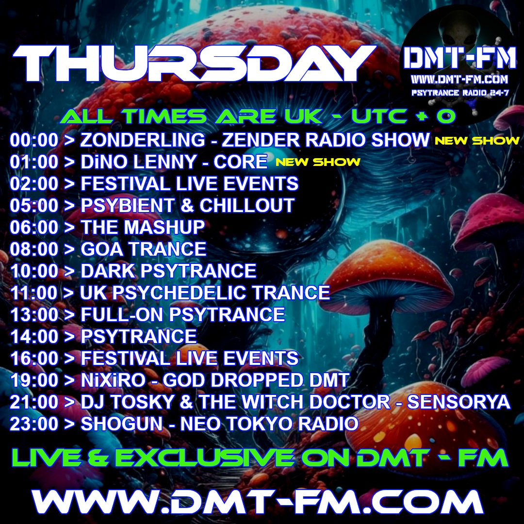 Shows on DMT FM on Thursday 09/05/2024 - DMT FM - Psytrance Radio Broadcasting 24/7
dmt-fm.com
#psytrance #dance #music #edm #psybient #goa #psybreaks #psydub #forest #darkpsy #hitech #fullon #progressivepsy #psytrancefamily #psytrancefestival #psytrancelove
