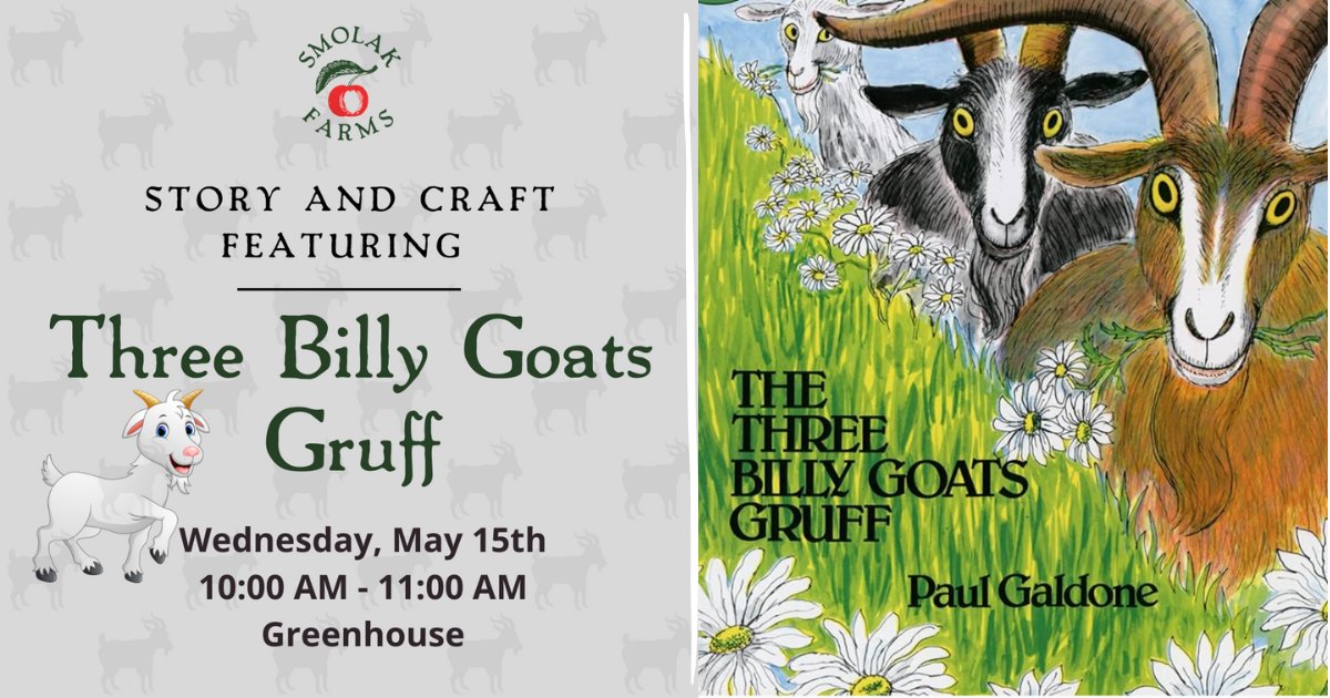 🌟 Join us for a 'GOAT-tastic' Story & Craft event at the Farm next week! 🐐📚 On Wednesday, May 15th get ready for an exciting adventure as we dive into the classic tale of 'Three Billy Goats Gruff'! Sign up today! ⤵️ smolak-farms.square.site/product/may-st…