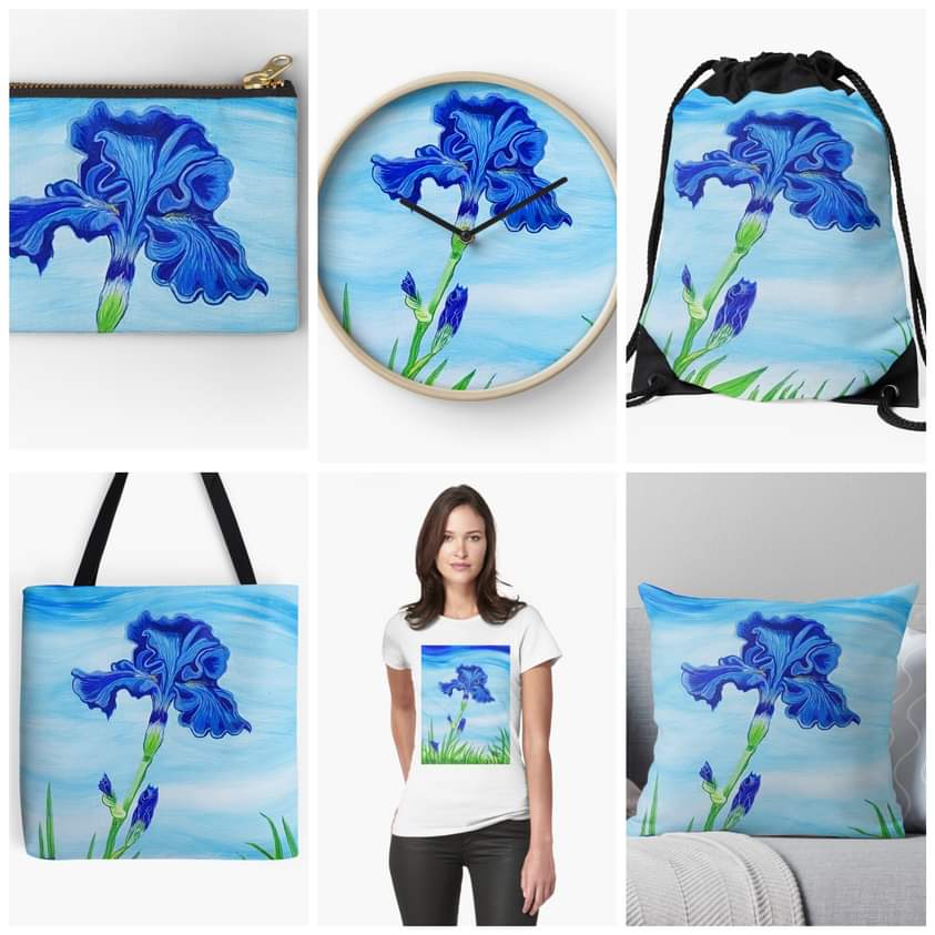 May 8th is National Iris Day. This is my acrylic painting of a beautiful blue bearded iris with some products.   redbubble.com/shop/ap/802303…
#mattstarrfineart #artistic #paintings #artforsale #artist #gift #giftideas #tshirts #homedecor 
#iris #flower #flowers #irisday #plant