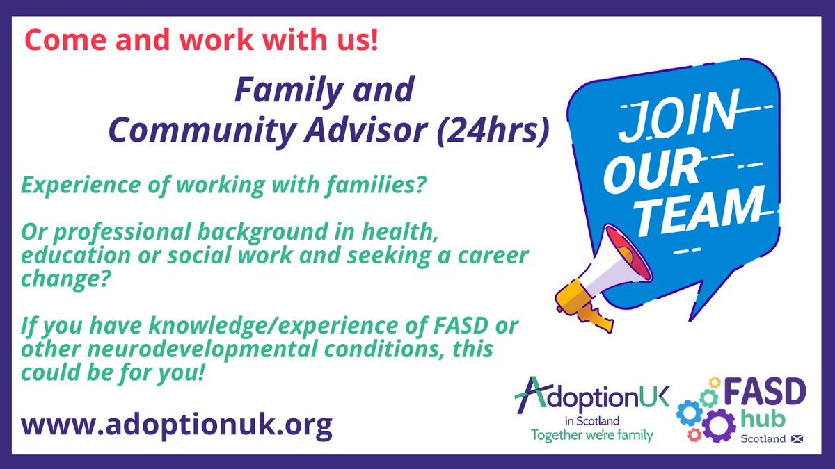 We're recruiting a Family and Community Advisor! 

Closing date is 28th May - see link below for more details or get in touch for a chat.
adoptionuk.org/jobs-page

Come and join us!
#FASD