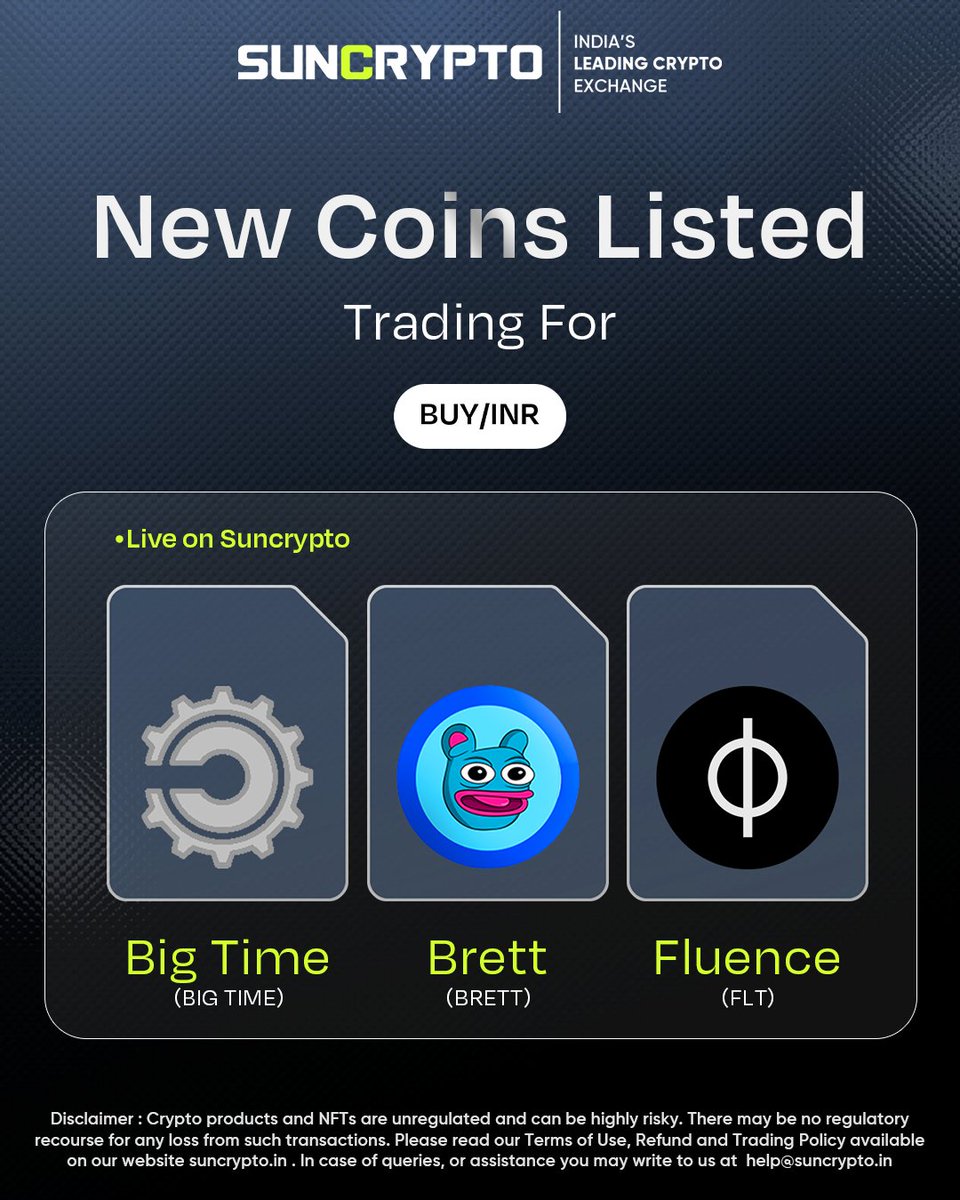 🎊 We are excited to share with you that we have listed BRETT, BIGTIME, FLT coins on our Suncrypto application!🎊

#suncrypto #suncryptoexchange #Bitcoin #cryptotrading #cryptocurrencies