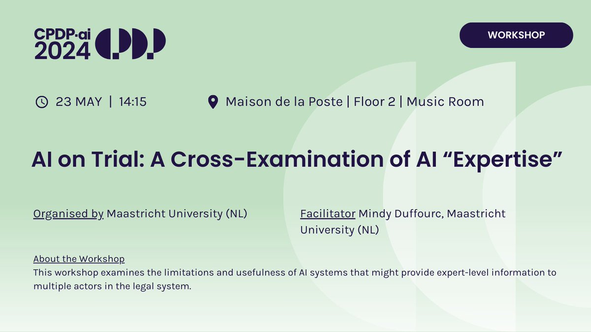 This workshop examines the limitations and usefulness of AI systems that might provide expert-level information to multiple actors in the legal system.
Organised by @MaastrichtU with @MND_Law
#CPDPai2024 #CPDPconferences #CPDP2024