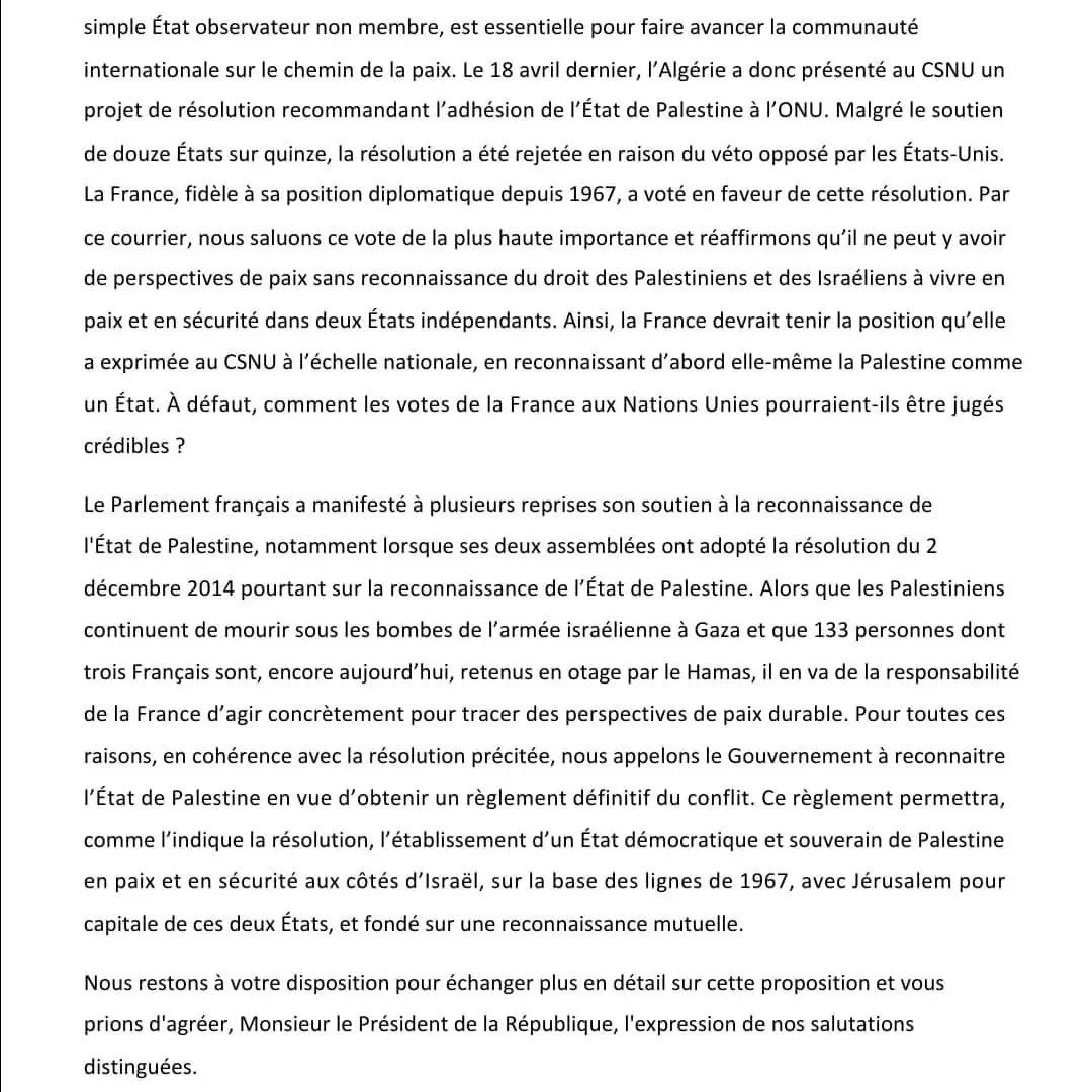 J'ai cosigné cette lettre à @EmmanuelMacron : si la France reconnait l'État de #Palestine, la communauté internationale progressera vers la paix. 27 députés mb du GEVI Palestine @AssembleeNat le demandent. Avec @_richardramos @SabrinaSebaihi @EmmanuelMandon @MariePochon etc.