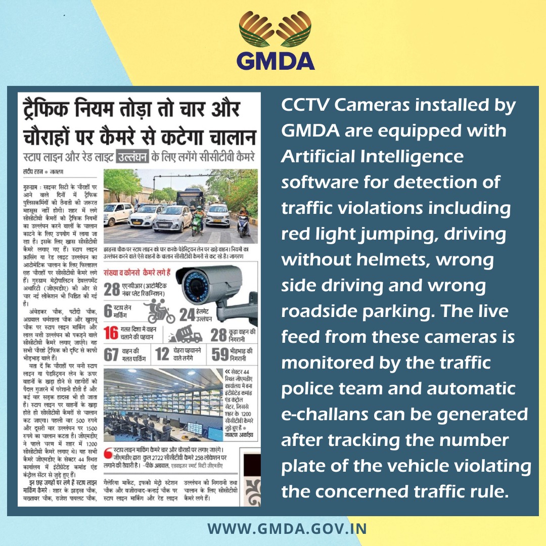 GMDA's CCTV cameras are now powered by AI to catch traffic violators! From red light jumpers to wrong-side drivers, these cameras keep our roads safe. Live feeds are monitored by traffic police with automatic e challans issued via number plate tracking. #SafeRoads #trafficsafety