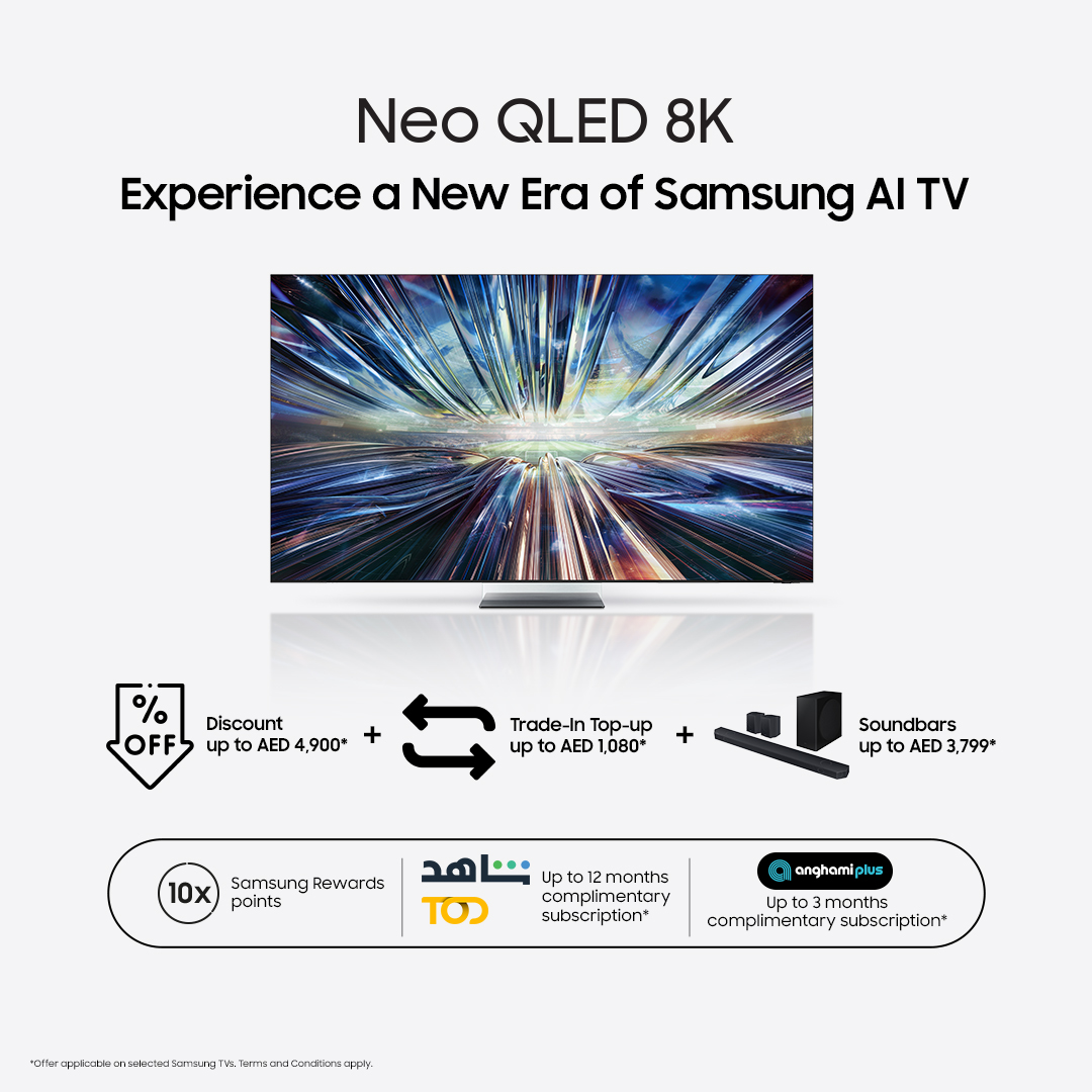 Unveil the future of television with our Neo QLED 8K TV! Get up to AED 4,900 off, 10X Samsung Rewards points worth up to AED 3,610, complimentary subscriptions, free delivery and installation, and much more! Pre-order now: smsng.co/6019jWsyv